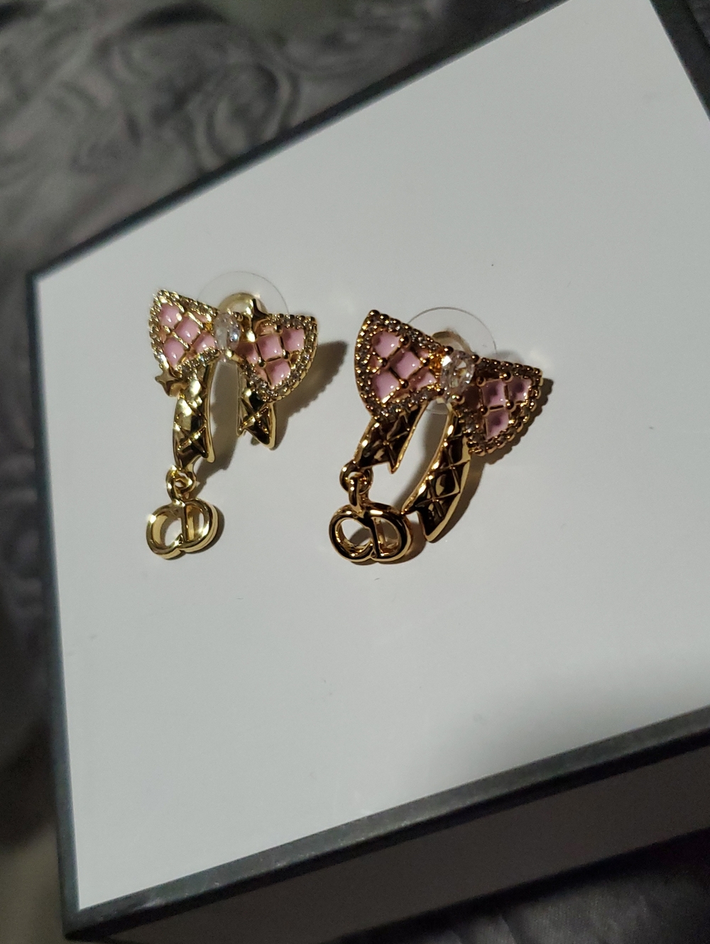 CC Boutique Gold-tone Earrings with Pink Enamel Bow Accents